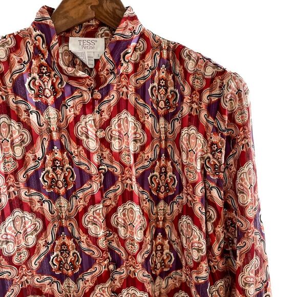 Vintage crinkle pleated collarless metallic medallion print blouse size LP - Picture 2 of 8